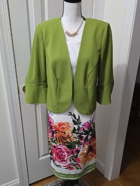 MAYA BROOKE WOMEN'S GREEN & WHITE FLORAL SLEEVELESS DRESS OPEN JACKET SIZE 18W